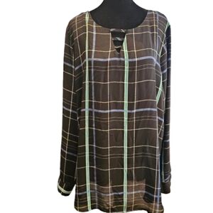 Apt.9 Black Plaid Blouse with Roll Tab Sleeves